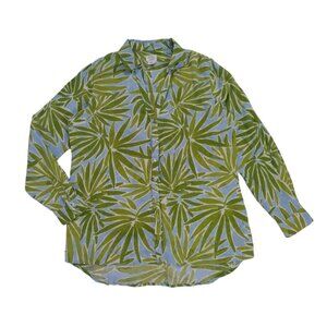 Sigrid Olsen 100% Linen Button-Down Shirt With Green & Blue Leaf Print, Womens M